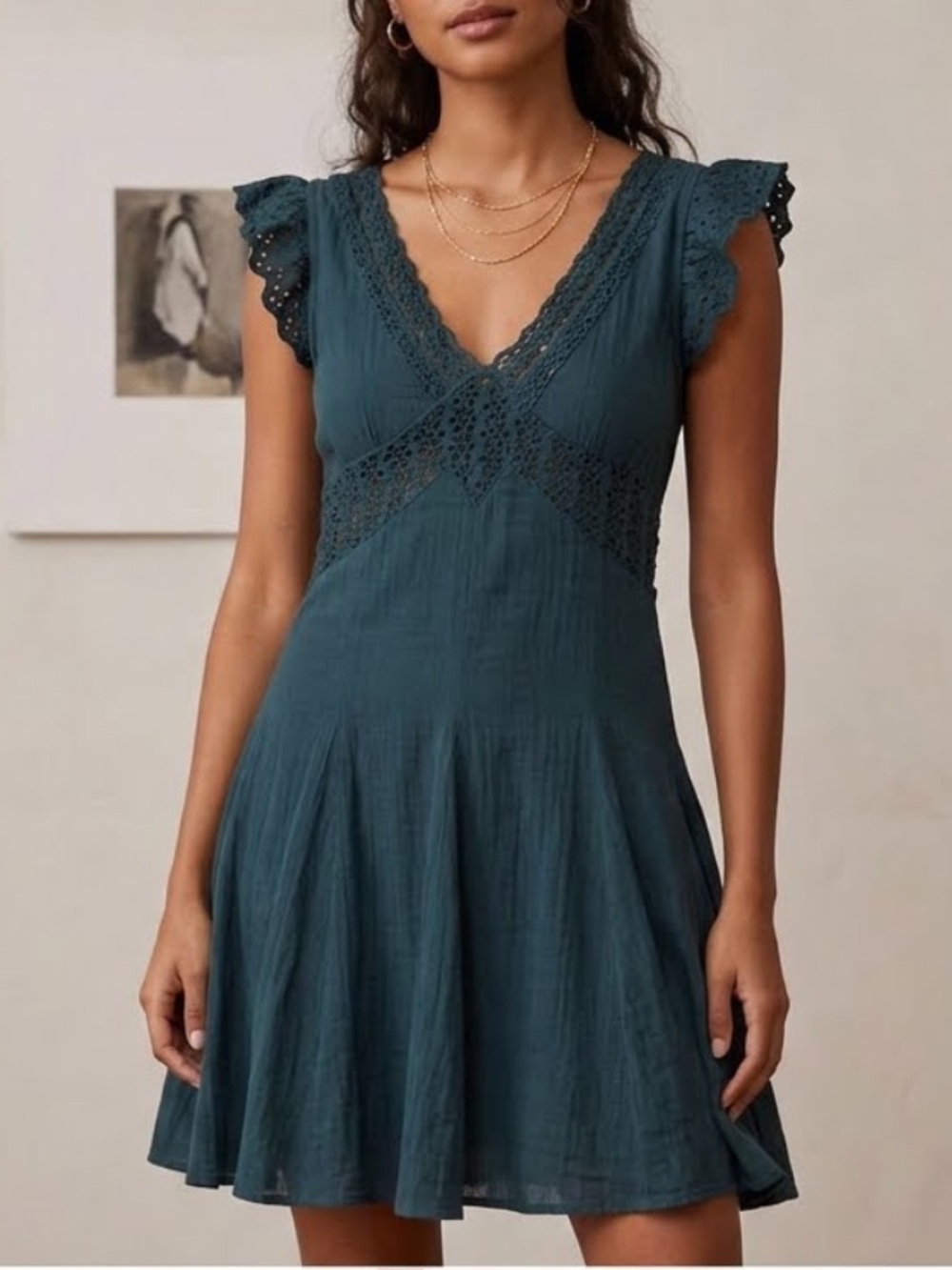 CHIRSTIANE CELLE Boho A-Line Dress Eyelet Flutter Sleeve XS
